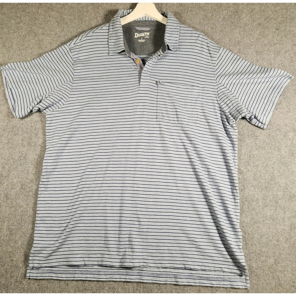 Duluth Polo Shirt Mens L Relaxed Fit Blue Striped Short Sleeve Pocket Cotton